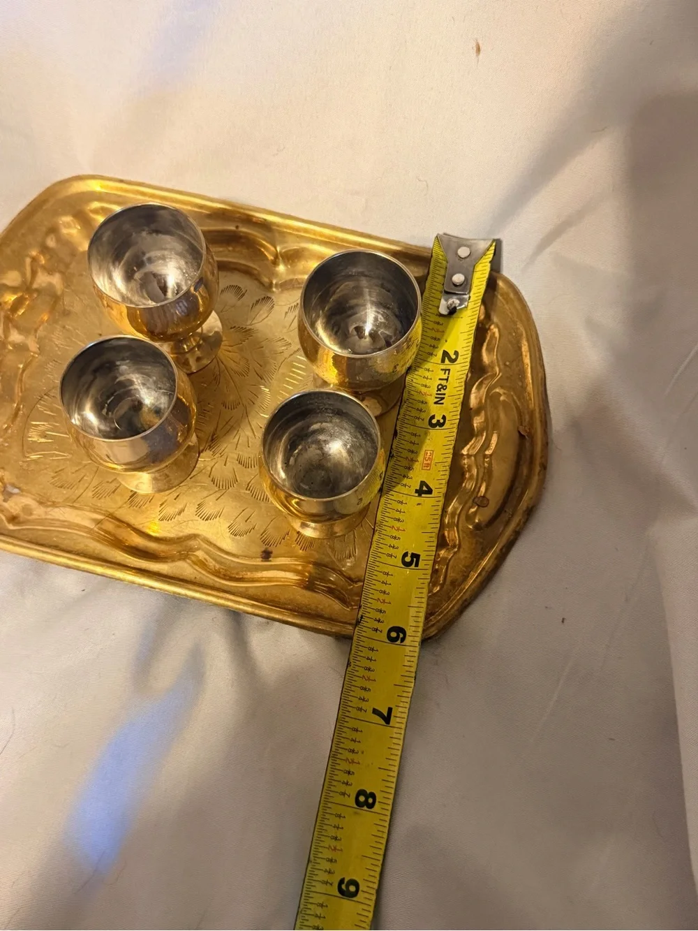 Vintage Brass Mini Goblet Set of 4 with Engraved Serving Tray Barware Decor